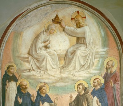Die Krönung der Jungfrau mit den Heiligen Thomas, Benedikt, Dominikus, Franziskus, Peter der Märtyrer und Paulus, 1442 (Detail) von Fra Angelico